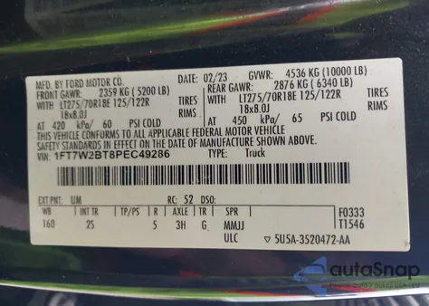 2023 Ford F-250 Xlt z USA, uszkodzony, nr VIN 1FT7W2BT8PEC49286